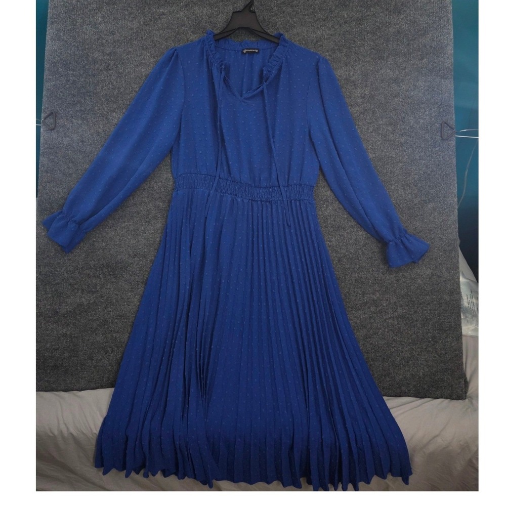 PrettyGarden Chic Swiss Dot Pleated Midi Dress XXL Blue Long Sleeve Smocked Boho
